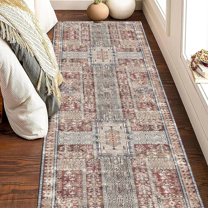 Vintage 2'6'' x 8' Washable Area Rug - Stylish Indoor Rug for Living, Dining or Bedroom - Lightweight Carpet with Non-Slip Backing - Foldable for Easy Placement and Maintenance - Rust
