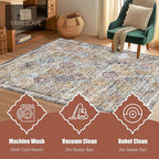 8' x 10' Washable Area Rug - Low Pile Soft Vintage Indoor Rug for Living, Dining or Bedroom - Lightweight Carpet with Non-Slip Backing - Foldable for Easy Placement, Multi