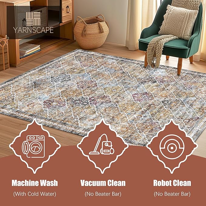 6' x 9' Washable Area Rug - Low Pile Soft Vintage Indoor Rug for Living, Dining or Bedroom - Lightweight Carpet with Non-Slip Backing - Foldable for Easy Placement, Multi