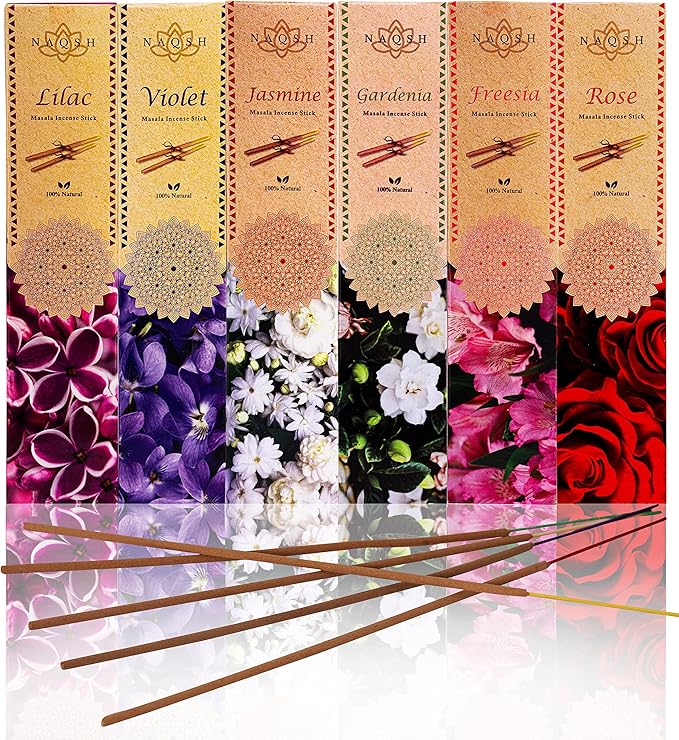 NAQSH Incense Sticks with Wooden Burner Natural Relaxing | Aromatherapy Incense for Air Purifier, Mind & Spirit & Ritualistic Fragrance | Gift Set (Set of 6 Packs - Total 120 Sticks) (Assorted 6)