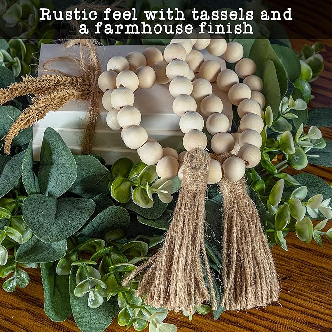 Decorative Wood Bead Garland Home Decor, Farmhouse Garland Beads with Tassel, Wooden Tier Tray Rustic Prayer Boho, Wooden Farmhouse Decor Boho Tassel