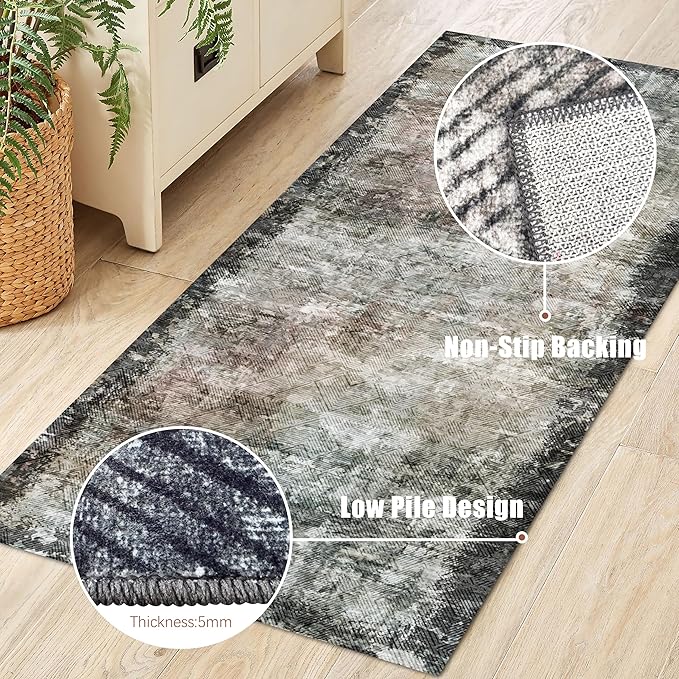 2'6'' x 8' Washable Area Rug - Low Pile Soft Vintage Indoor Rug for Living, Dining or Bedroom - Lightweight Carpet with Non-Slip Backing - Foldable for Easy Placement, Blackish