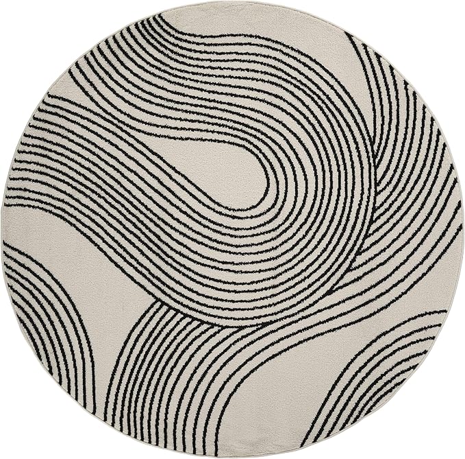 Abani Nuevo Beige Black Swirls Modern Area Rug 6' Round for Living Room, Bedroom - Abstract Design - Durable & Easy to Clean