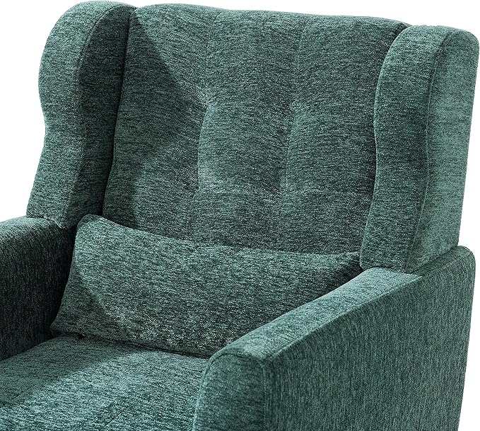 Accent Chair, Comfy Upholstered Living Room Chairs with High Tufted Backrest and Pillow, Wingback Reading Chair with Solid Wood Legs for Bedroom/Office, Chenille Fabric, Blackish Green