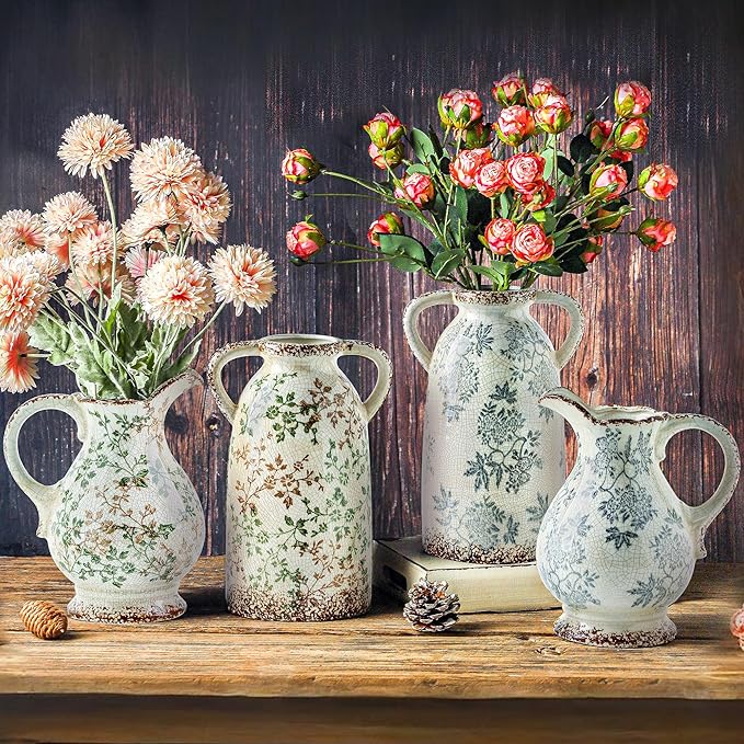 Enra Tall Vintage Blue and White Ceramic Vase with Handle, 11.2 Inch Chinoiserie Decorative Floral Vase, Large Rustic Ceramic Vase for Living Room, Office, Bookshelf, Home Decor