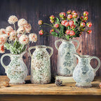 Enra Large Vintage Blue and White and Pitcher for Home Decor, 9.7 Inch Rustic Chinoiserie Decorative Vases, Green and Beige Ceramic Vases for Living Room, Kitchen, Office – Large Vases for Decor