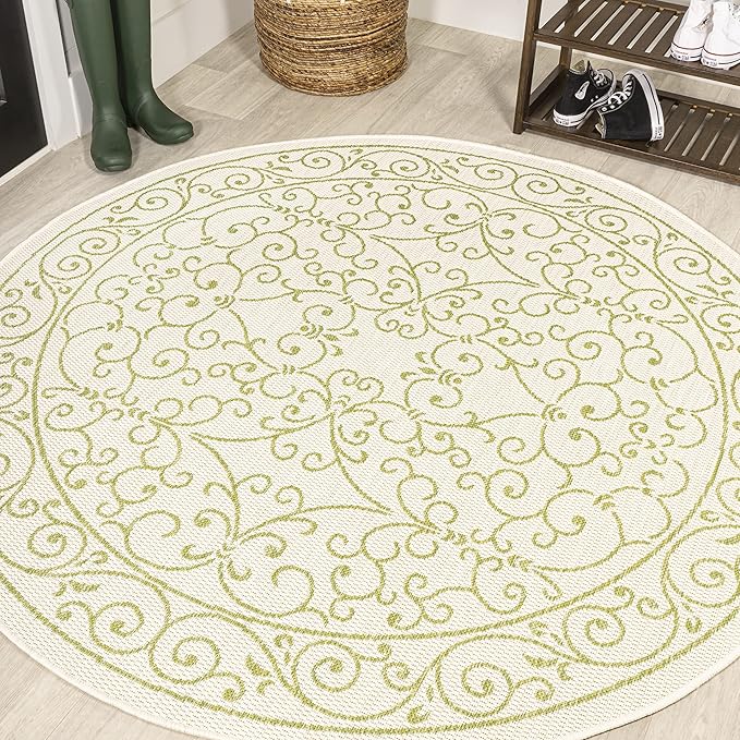 JONATHAN Y Vintage Filigree Indoor Outdoor Round Area Rug 5 Ft Cream/Green, Charleston Textured Weave for Backyard, Patio, Porch, Easy-Cleaning, High Traffic, Pet-Friendly, Non-Shedding (SMB106I-5R)