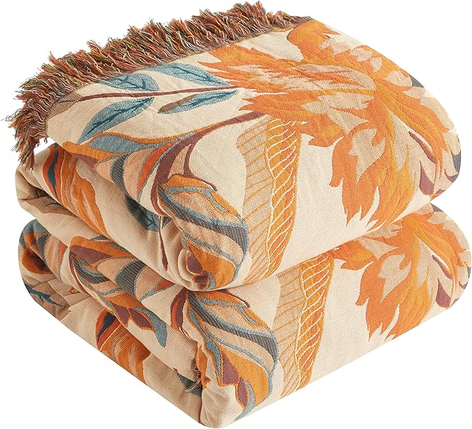 Boho Throw Blanket for Bed 60”x80”, 100% Cotton Woven Blanket for Couch Sofa, Ultra Soft 4-Layer Muslin Quilt with Floral Printed, Farmhouse Bed Blanket/Cover for Living Room Decor