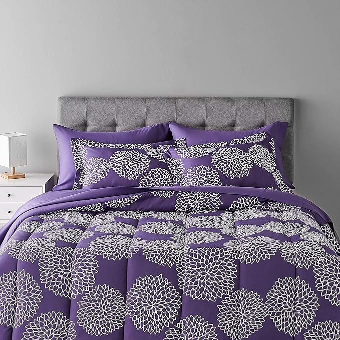 Amazon Basics Full/Queen Comforter Set with Sheets, 7-Piece Purple Floral Bedding, Lightweight Microfiber Bed-in-a-Bag