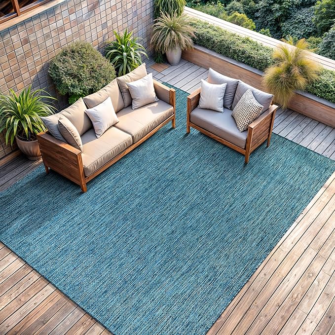 CAMILSON Outdoor Rug 9x12 Modern Area Rugs for Large Indoor and Outdoor Patios and Porches - Waterproof, Washable, Non-Shedding, Easy-to-Clean Outside Carpet (9 x 12, Solid - Aqua)