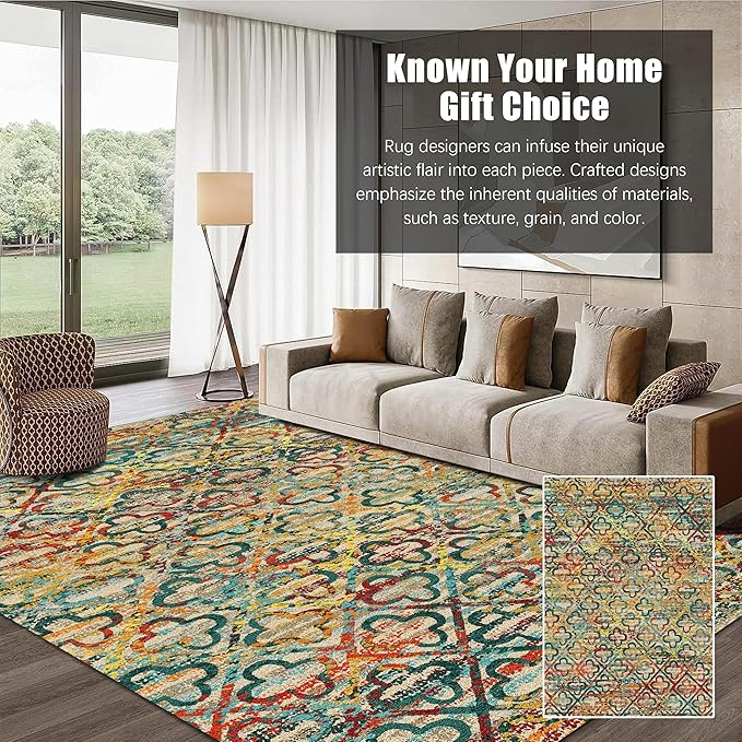 RUGSURE Washable Area Rugs, 9' x 12' - 1/6 Thick - Stain & Water Resistant Non-Slip - Perfect Resistant Rug for Living Room, Bedroom, Nursery, Pet & Child Friendly, Vibrant Colors Rugs, Multicolor