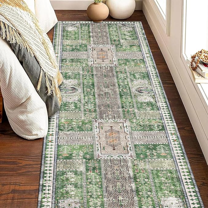 Vintage 2'6'' x 8' Washable Area Rug - Stylish Indoor Rug for Living, Dining or Bedroom - Lightweight Carpet with Non-Slip Backing - Foldable for Easy Placement and Maintenance - Green