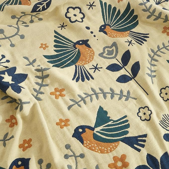 Boho Throw Blanket for Bed 60”x80”, 100% Cotton Woven Blanket for Couch Sofa, Ultra Soft 4-Layer Muslin Quilt with Bird Floral Printed, Farmhouse Bed Blanket/Cover for Living Room Decor