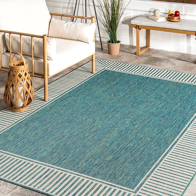nuLOOM 9'6" x 12' Outdoor Area Rug, Casual Design With Striped Border, Stain Resistant, Highly Durable, For Patio, Balcony, Bedroom, Living Room, Dining Room, Bathroom, Teal
