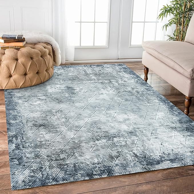 4' x 6' Washable Area Rug - Low Pile Soft Vintage Indoor Rug for Living, Dining or Bedroom - Lightweight Carpet with Non-Slip Backing - Foldable for Easy Placement, Blue