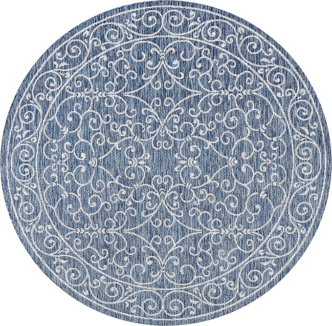 JONATHAN Y Vintage Filigree Indoor Outdoor Round Area Rug 4 Ft Navy/Gray, Charleston Textured Weave for Backyard, Patio, Porch, Easy-Cleaning, High Traffic, Pet-Friendly, Non-Shedding (SMB106D-4R)
