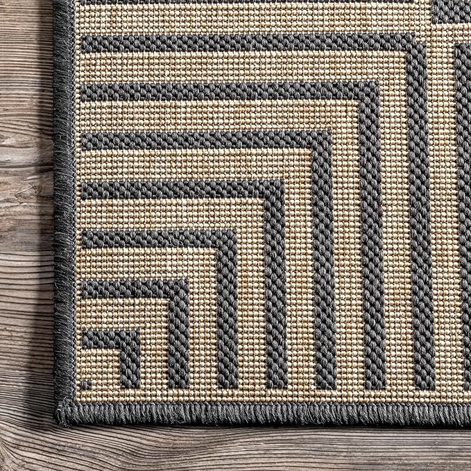 nuLOOM 6'7" Round Outdoor Area Rug, Casual Design With Striped Border, Stain Resistant, Highly Durable, For Patio, Balcony, Bedroom, Living Room, Dining Room, Bathroom, Dark Grey