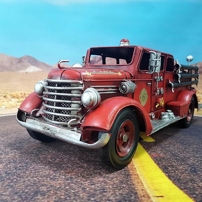 Retro Fire Truck Diecast Model - Metal Miniature Vehicles, Large Fire Fighting Truck Decor, 16.4'' Long
