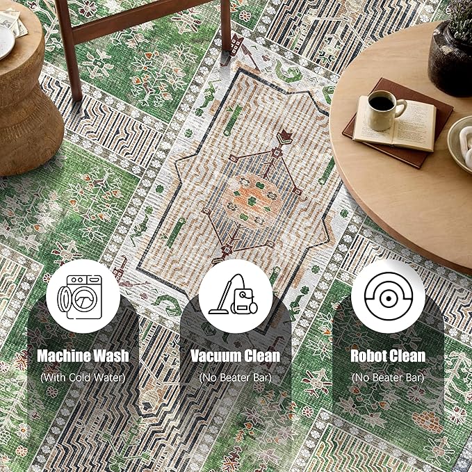 Vintage 3' x 5 ' Washable Area Rug - Stylish Indoor Rug for Living, Dining or Bedroom - Lightweight Carpet with Non-Slip Backing - Foldable for Easy Placement and Maintenance - Green