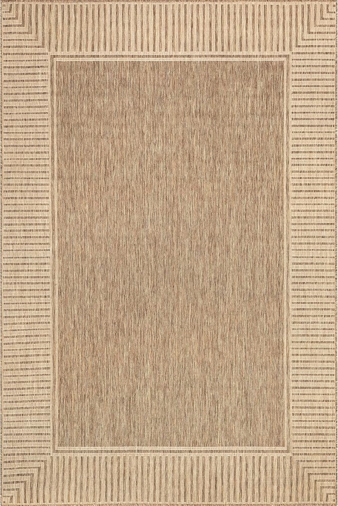 nuLOOM 5' x 8' Outdoor Area Rug, Casual Design With Striped Border, Stain Resistant, Highly Durable, For Patio, Balcony, Bedroom, Living Room, Dining Room, Bathroom, Light Brown
