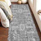 Vintage 2'6'' x 8' Washable Area Rug - Stylish Indoor Rug for Living, Dining or Bedroom - Lightweight Carpet with Non-Slip Backing - Foldable for Easy Placement and Maintenance - Grey