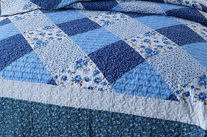 Travan Bedspread Quilt Sets 3-Piece Lightweight Coverlet Set with Shams Reversible Quilted Bedding Set, Blue Floral Patchwork, Queen Size
