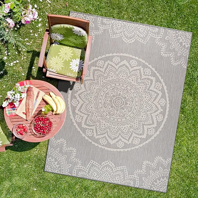 CAMILSON Outdoor Rug 5x7 Modern Area Rugs for Indoor and Outdoor Patios and Porches - Waterproof, Washable, Non-Shedding, Easy-to-Clean Outside Carpet (5 x 7, Medallion - Grey/White)