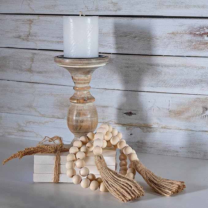 Decorative Wood Bead Garland Home Decor, Farmhouse Garland Beads with Tassel, Wooden Tier Tray Rustic Prayer Boho, Wooden Farmhouse Decor Boho Tassel