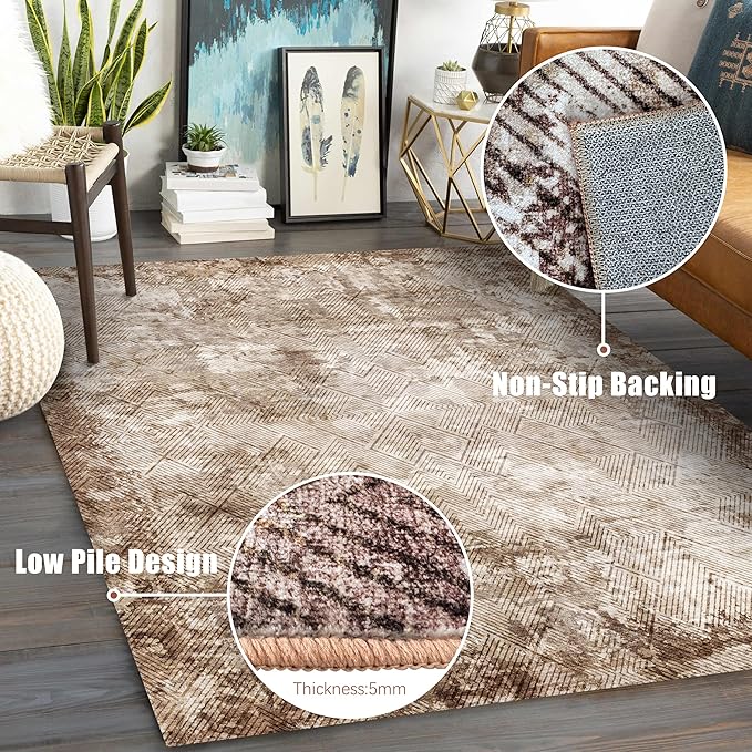4' x 6' Washable Area Rug - Low Pile Soft Vintage Indoor Rug for Living, Dining or Bedroom - Lightweight Carpet with Non-Slip Backing - Foldable for Easy Placement, Brown