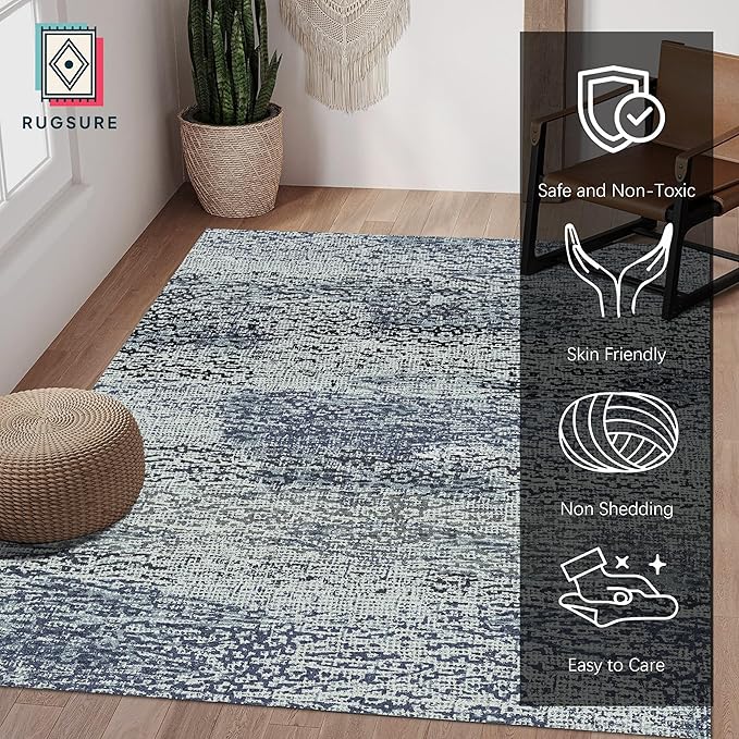 RUGSURE Washable Area Rug - 1/6 Thick - Stain & Water Resistant Non-Slip - Resistant Rug for Living Room, Bedroom, Nursery, Pet & Child Friendly, Vintage Charm Area Rugs (Grey+LightTeal, 3' x 5 ')