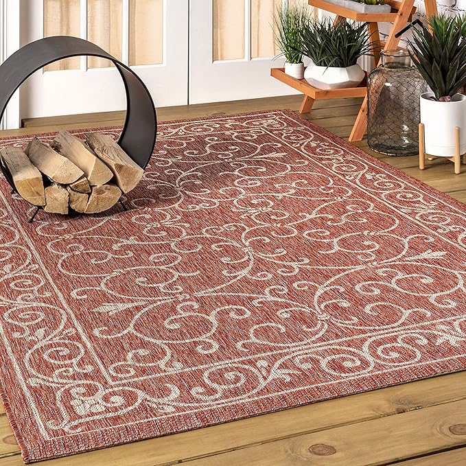 JONATHAN Y Vintage Filigree Indoor Outdoor Area Rug 9X12 Red/Beige, Charleston Textured Weave for Backyard, Patio, Porch, Easy-Cleaning, High Traffic, Pet-Friendly, Non-Shedding (SMB106B-9)