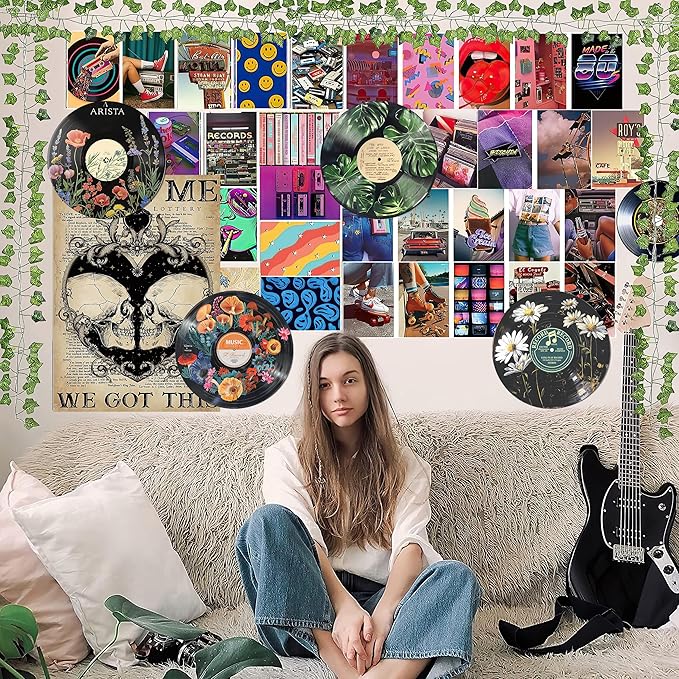 HK Studio Hippie Decor, Posters for Room Aesthetic - Botanical Wall Art, Record Decor, 4pcs 12"