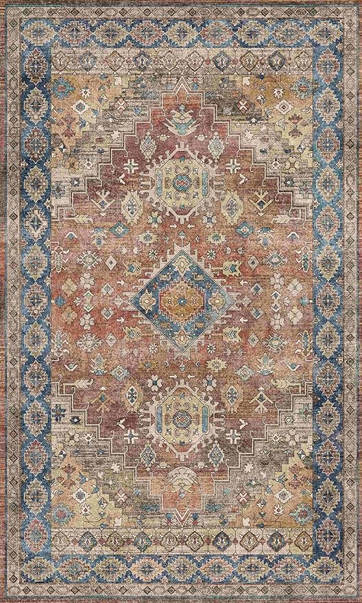 GENIMO 3x5 Area Rugs for Living Room, Machine Washable Non Slip Vintage Rugs, Low Pile Lightweight Chenille Print Rug for Bedroom, Dining Room, Home Office, Antique Red