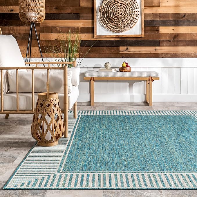nuLOOM 4' x 6' Outdoor Area Rug, Casual Design With Striped Border, Stain Resistant, Highly Durable, For Patio, Balcony, Bedroom, Living Room, Dining Room, Bathroom, Teal