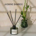 Craft & Kin Bamboo & Jasmine Reed Diffuser | All Natural Essential Oil & Rattan Scent Sticks | Fall Reed Diffusers for Home, Bathroom | Long Lasting Home Fragrance in Green Glass, 3.4oz