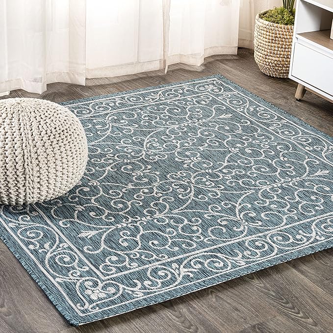 JONATHAN Y Vintage Filigree Indoor Outdoor Square Area Rug 8X8 Teal/Gray, Charleston Textured Weave for Backyard, Patio, Porch, Easy-Cleaning, High Traffic, Pet-Friendly, Non-Shedding (SMB106F-8SQ)