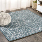 JONATHAN Y Vintage Filigree Indoor Outdoor Square Area Rug 8X8 Teal/Gray, Charleston Textured Weave for Backyard, Patio, Porch, Easy-Cleaning, High Traffic, Pet-Friendly, Non-Shedding (SMB106F-8SQ)