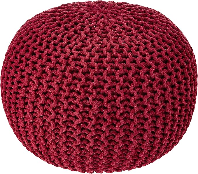 REDEARTH Round Pouf Ottoman - Hand Knitted Cable Boho Poof - Foot Stool Bean Bag - Home Décor Stuffed Footrest for Living Room - Nursery - Bedroom - 100% Cotton Poufs (19.5"x19.5"x14") - Red