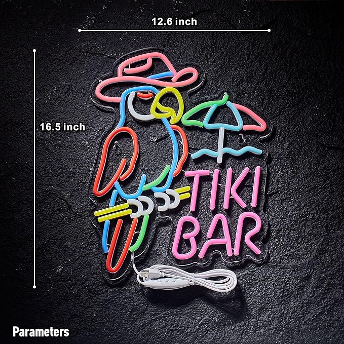 Tiki Bar Parrot Neon Sign for Wall Decor Hawaii Beach Bar LED Light up Signs with Dimmer for Pub Party Man Cave Room Art Decor Gift