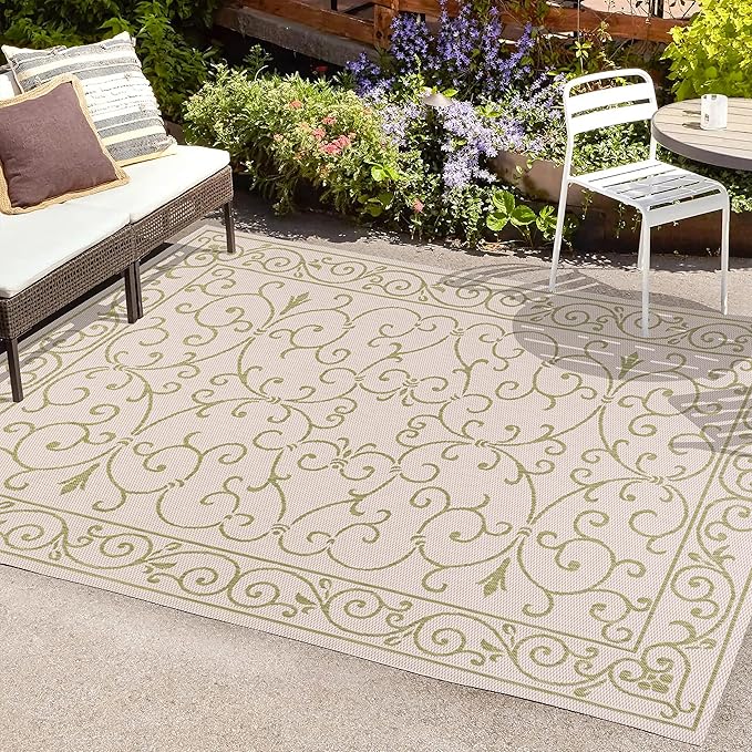 JONATHAN Y Vintage Filigree Indoor Outdoor Area Rug 4X6 Cream/Green, Charleston Textured Weave for Backyard, Patio, Porch, Easy-Cleaning, High Traffic, Pet-Friendly, Non-Shedding (SMB106I-4)