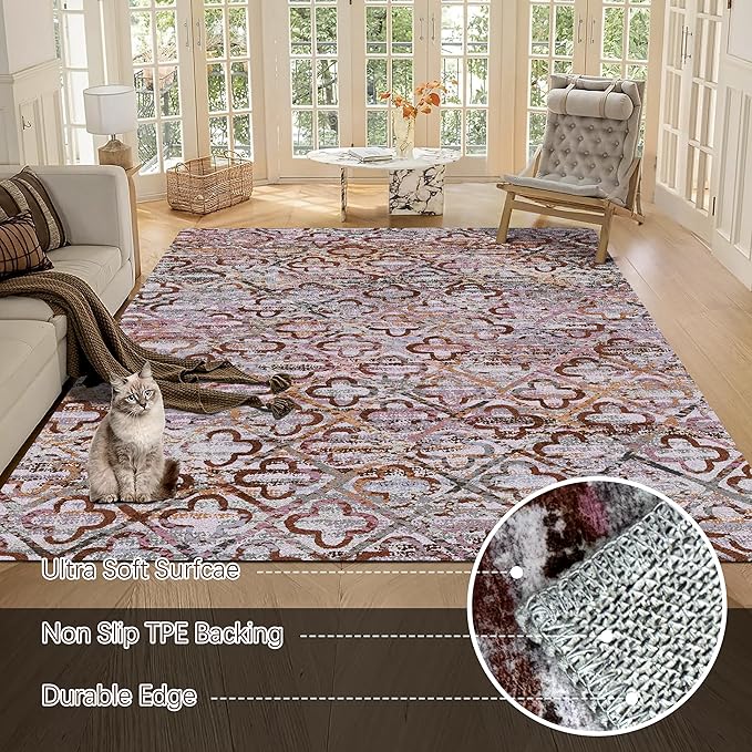 RUGSURE Washable Area Rugs, 5' x 7' - 1/6 Thick - Stain & Water Resistant Non-Slip - Perfect Resistant Rug for Living Room, Bedroom, Nursery, Pet & Child Friendly, Vibrant Colors Rugs, Purple