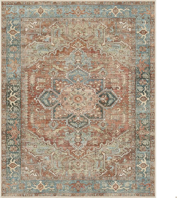 GENIMO Machine Washable 10x14 Area Rugs for Living Room, Non Slip Vintage Rugs, Low Pile Lightweight Chenille Print Rug for Bedroom, Dining Room, Home Office, Red Multi