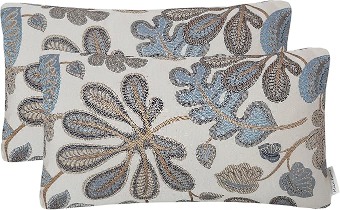 Mika Home Set of 2 Jacquard Tropical Leaf Pattern Oblong Throw Pillow Covers Accent Pillowcase 12X20 Inches,Blue Cream