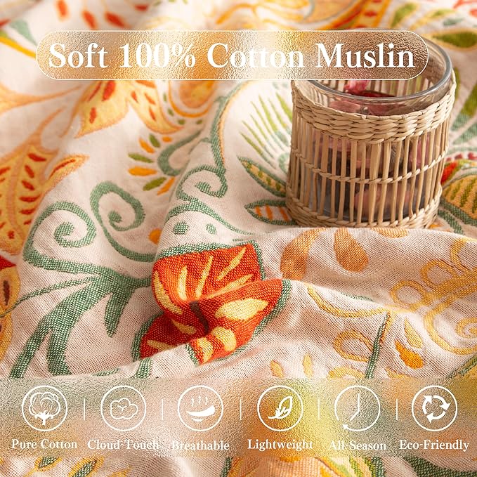 Boho Throw Blanket Full Size, Extra Large Soft Cozy Cotton Muslin Quilt Blanket for Bed Decor, Floral Patterned Couch Sofa Chair Cover, Vintage Farmhouse Cottage Woven Blanket, Coral&Green