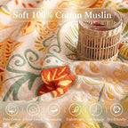 Boho Throw Blanket Queen Size, Oversized Soft Cozy Cotton Muslin Quilt Blanket for Bed Decor, Floral Patterned Couch Sofa Chair Cover, Vintage Farmhouse Cottage Woven Blanket, Coral&Green