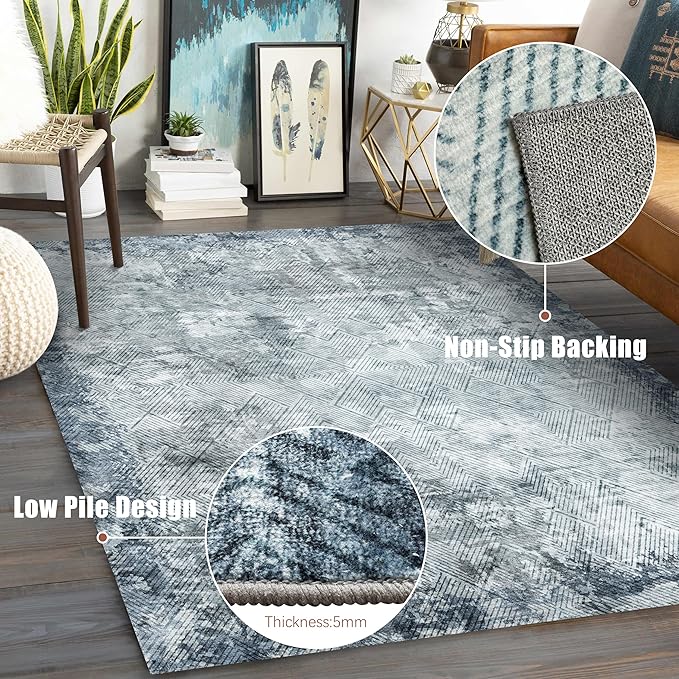 9' x 12' Washable Area Rug - Low Pile Soft Vintage Indoor Rug for Living, Dining or Bedroom - Lightweight Carpet with Non-Slip Backing - Foldable for Easy Placement, Blue