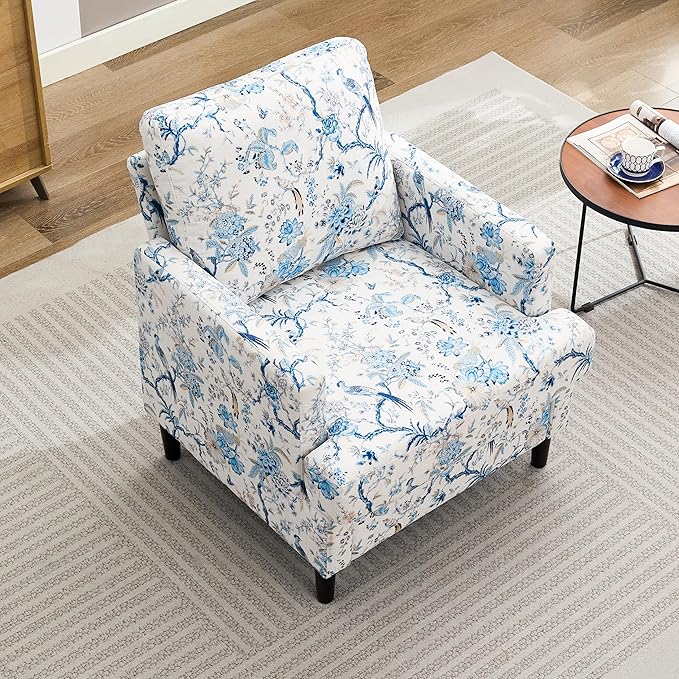 Mid-Century Accent Chair,Modern Linen Fabric Armchair for Living Room,Comfy Upholstered Reading Accent Chairs for Bedroom,Single Sofa Chair with Wood Legs (Blue Flowered Bird, 1 Pack)