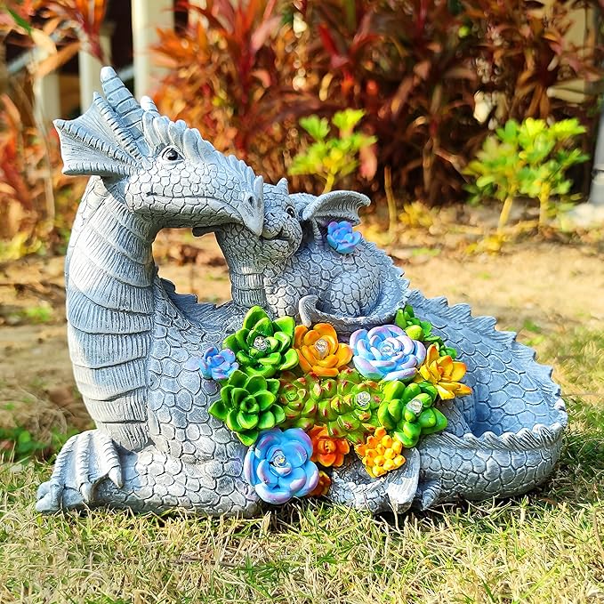 Solar Dragon Statue with LED Lights, Dargon Lover Gifts with Succulent and 6 LED Lights for Outdoor,Solar Dragon Decor for Yard, Garden and Patio, Unique Garden Statue for Mom Grandma