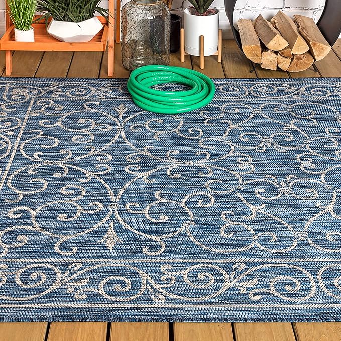JONATHAN Y Vintage Filigree Indoor Outdoor Area Rug 5X8 Navy/Gray, Charleston Textured Weave for Backyard, Patio, Porch, Easy-Cleaning, High Traffic, Pet-Friendly, Non-Shedding (SMB106D-5)