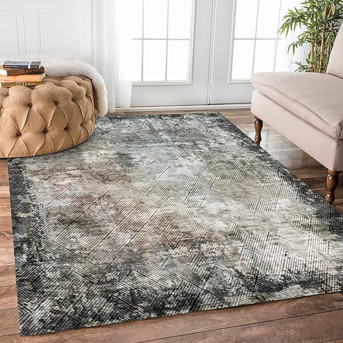 3' x 5 ' Washable Area Rug - Low Pile Soft Vintage Indoor Rug for Living, Dining or Bedroom - Lightweight Carpet with Non-Slip Backing - Foldable for Easy Placement, Blackish